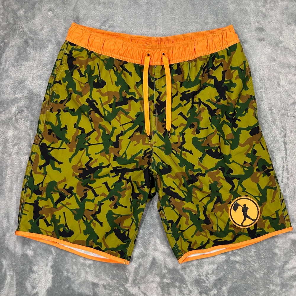 Baseballism Mens XL Swim Trunks Orange Green Camo Double Play Board Shorts Mesh